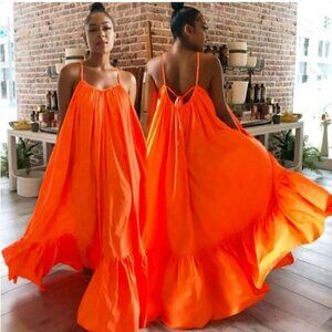 ORANGE Light Weight Summer Spaghetti Strap Swing Beach Maxi Sundress dress